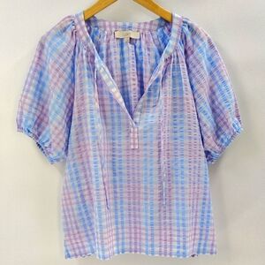 LOFT Blouse Size Large Blue Purple Seersucker Gingham Check Short Sleeve V Neck